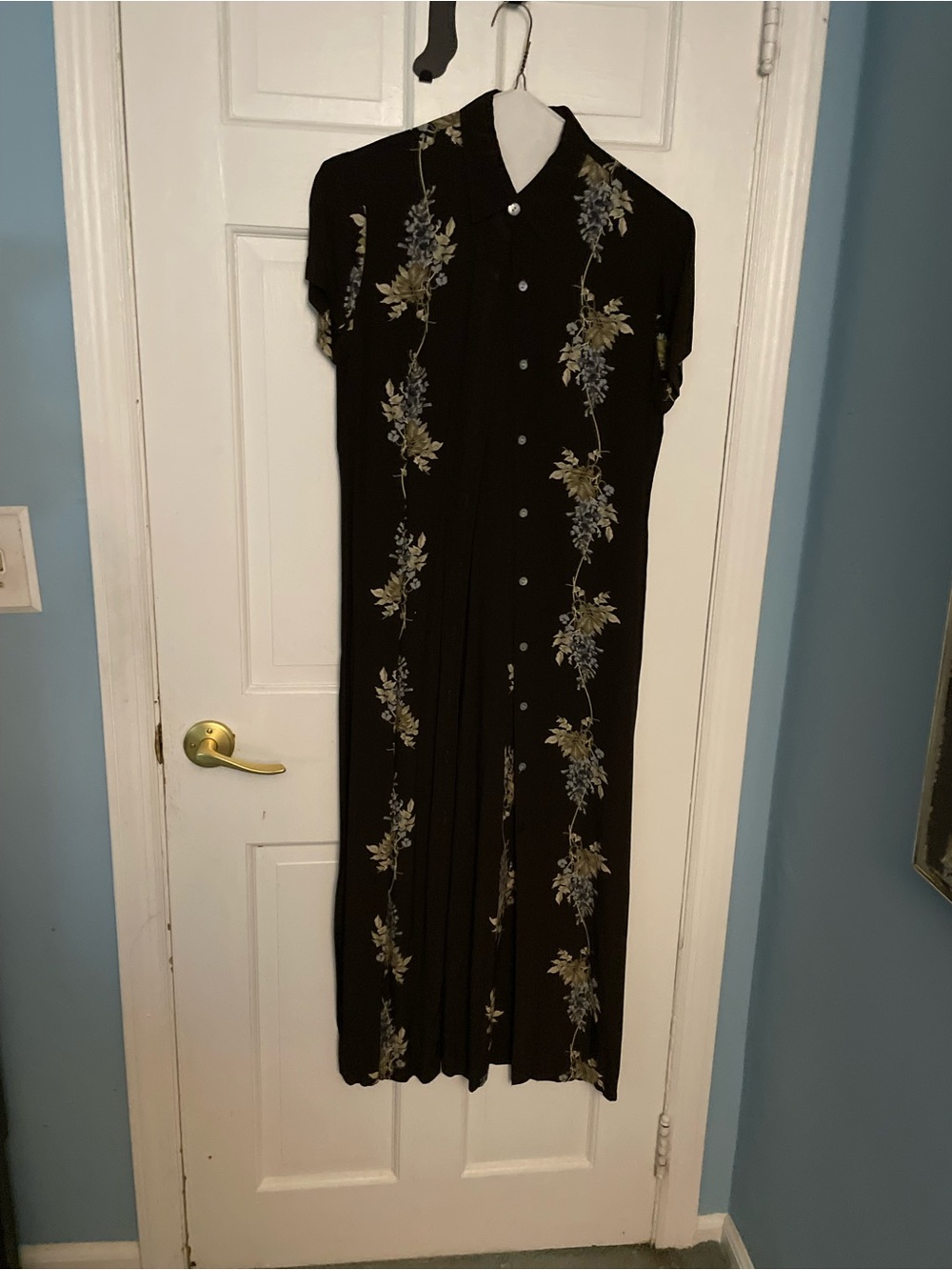 Vintage 90s Jones Studio Black Maxi button down Dress with Green & Blue Florals